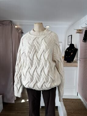 Cream Cable Knit Chunky Sweater With Ribbed Crew Neck